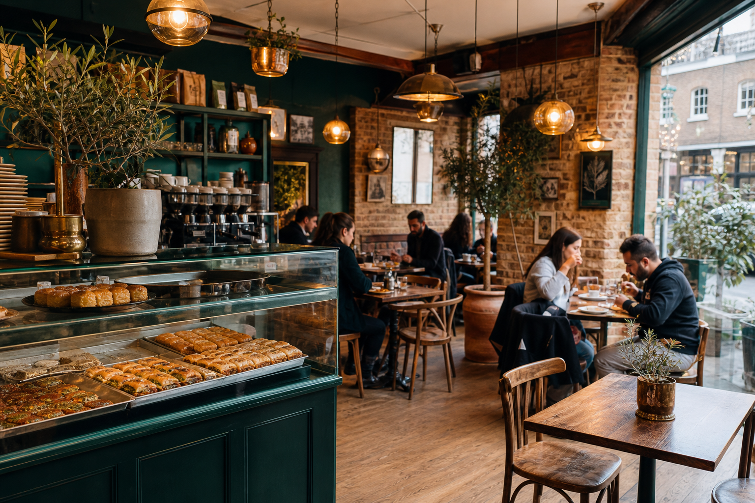 Inside The Olive Cafe & Bakery — Mediterranean restaurant interior with outdoor seating in Palmers Green, Enfield N13