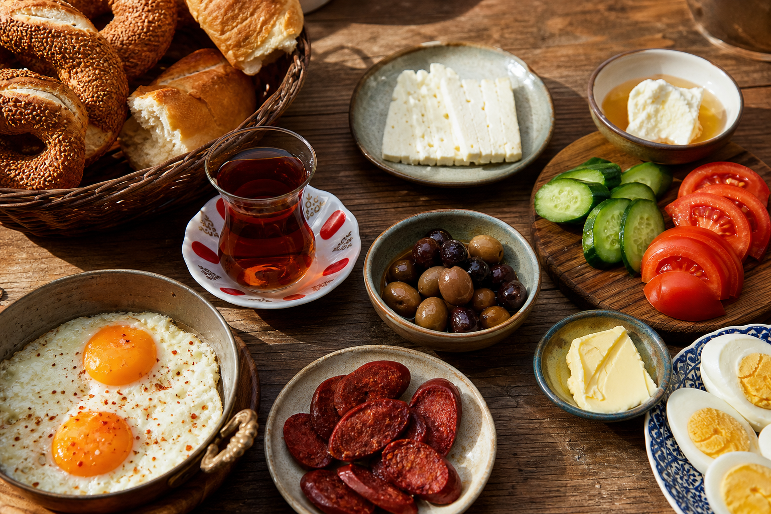Traditional Turkish breakfast spread with cheese, olives, sucuk, eggs and fresh bread