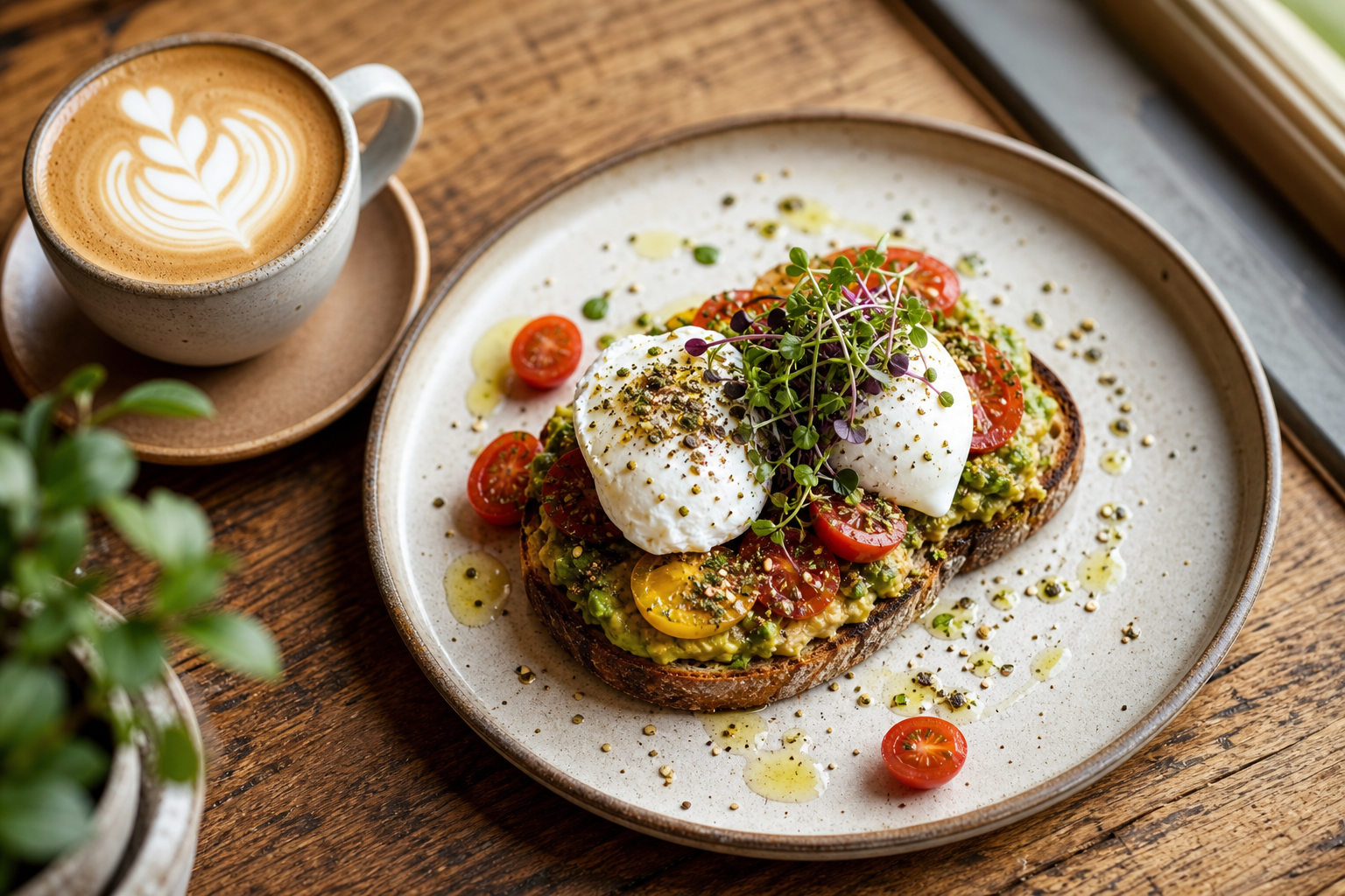 Poached eggs on avocado toast with cherry tomatoes and latte art coffee