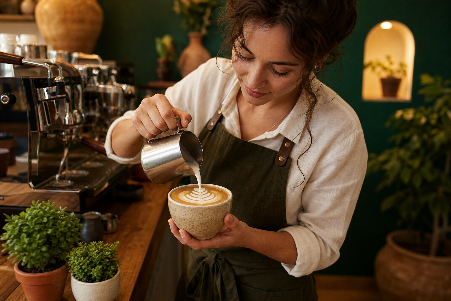 Artisan coffee with latte art at The Olive Cafe & Bakery