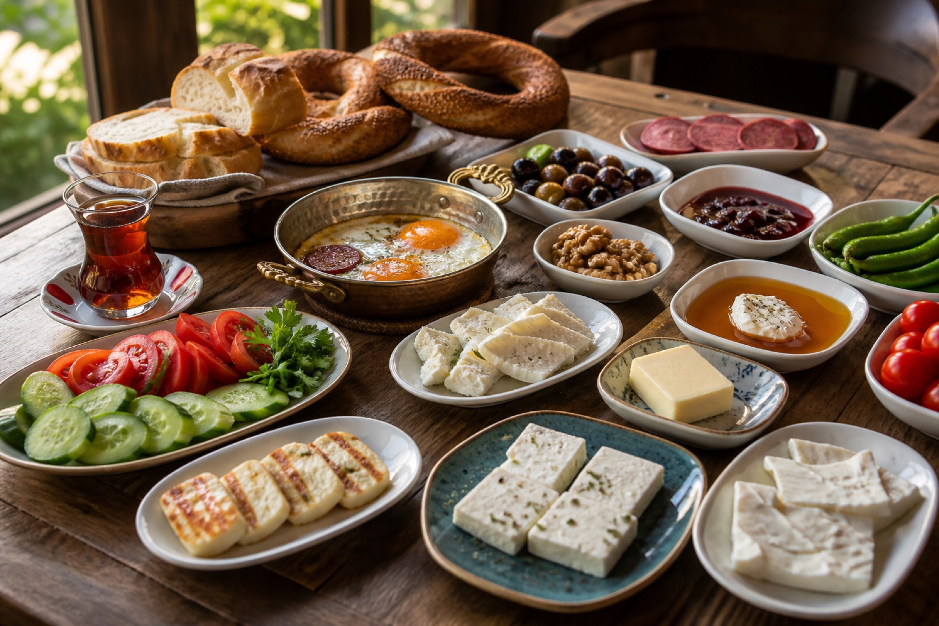 Traditional Turkish breakfast serpme — cheeses, olives, eggs, honey, kaymak, Turkish tea and fresh bread at The Olive Cafe Palmers Green